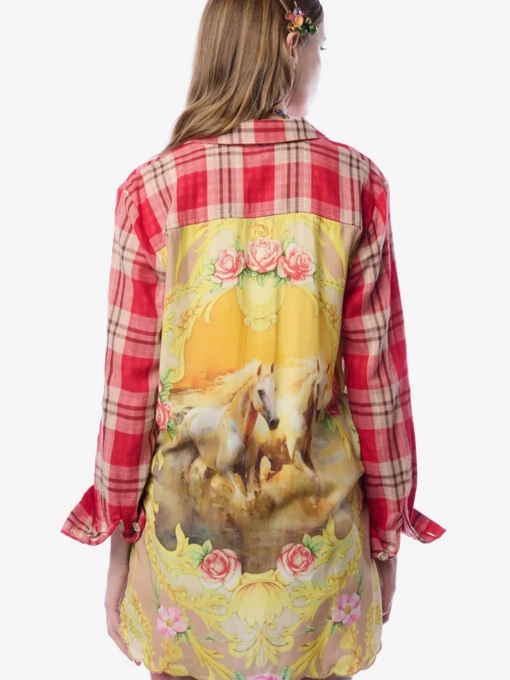 New Aratta Silent Journey Western Babe Horse Plaid Artistic button down